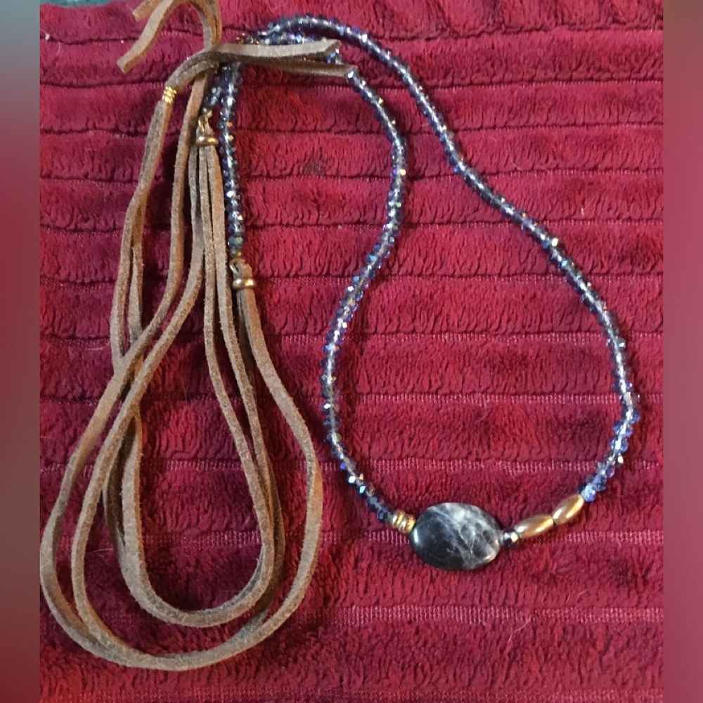 Long 36 inch Blue Iolite On Suede Cord Artesan Necklace